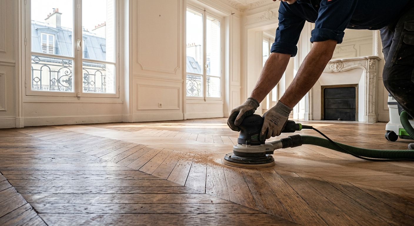 Artisan professionnel réalisant le ponçage d'un parquet à Paris